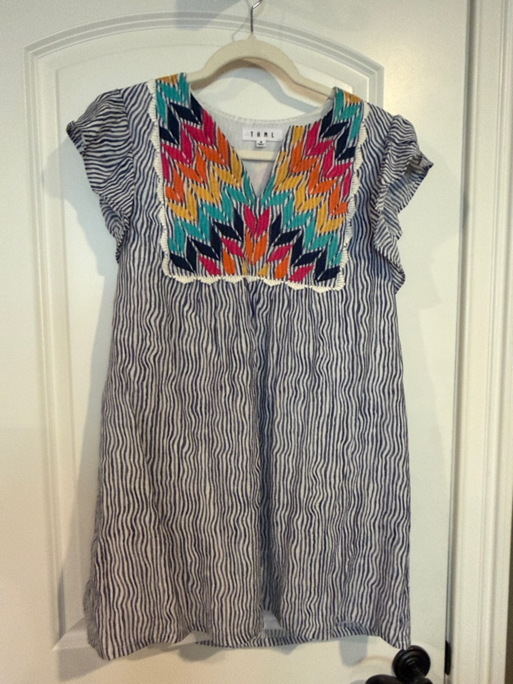 THML Navy & White Striped Dress with Colorful Embroidered Yoke